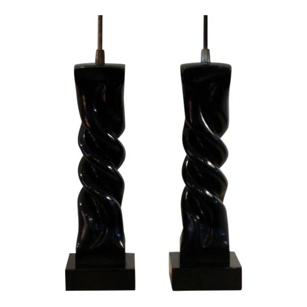 Wood 1950s Modern Heifetz in Black Lacquer Table Lamps - a Pair For Sale - Image 7 of 7