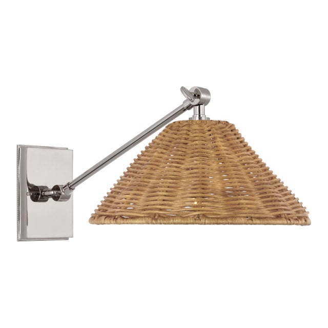Marie Flanigan for Visual Comfort Signature Wimberley Single Library Wall Light in Polished Nickel with Natural Wicker Shade For Sale