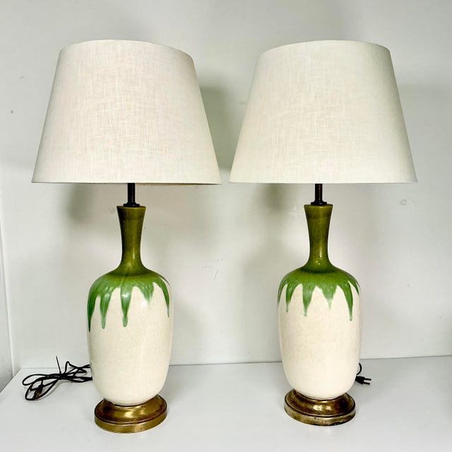 Mid-Century Boho Chic Vintage Ceramic Green Drip Table Lamps - A Pair For Sale - Image 6 of 18