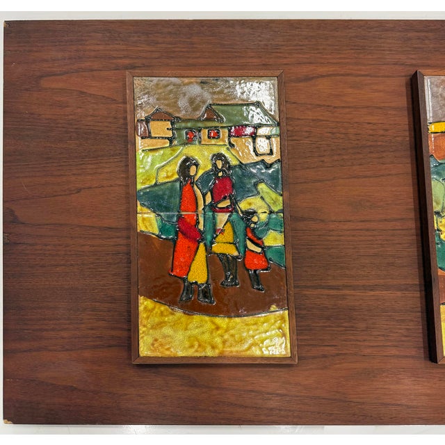 Mid-century Modern Harris Strong Triptych Tile Wall Plaque of a Fishing Village Offered for sale is a mid-century modern...