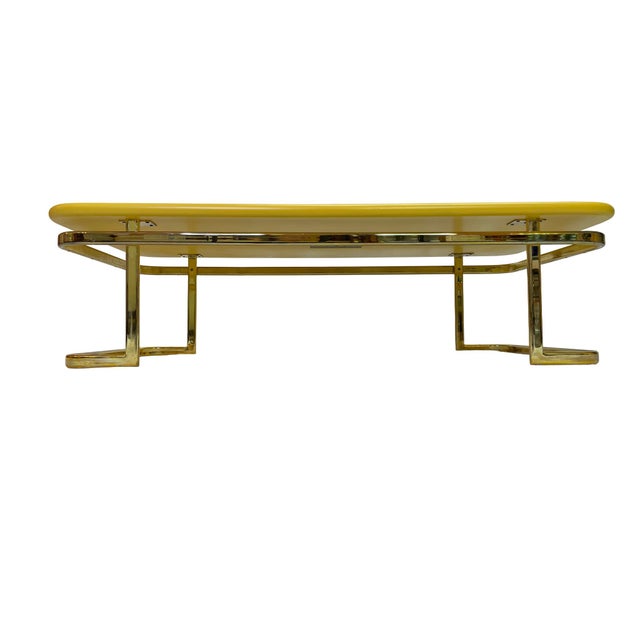 1970s 1970s Lane Furniture Lemon Yellow Lacquered Wood Coffee Table With Brass-Tone Metal Base For Sale - Image 5 of 13