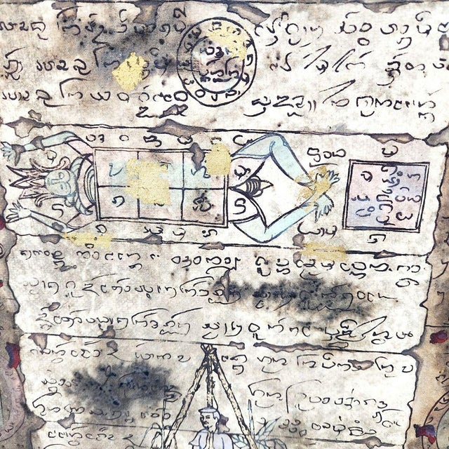 This is a canvas painting of ancient Thai manuscripts. Painted in the 1990s by Thai artist Kittisak Limserbchaur and...