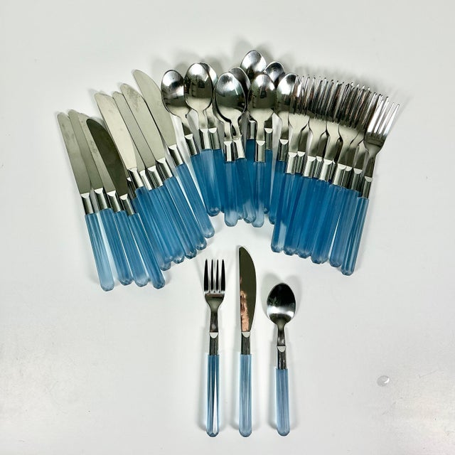 Contemporary 1980s Vintage Boho Chic French Blue Lucite Flatware With 18/10 Stainless Steel - Set of 33. For Sale - Image 3 of 8
