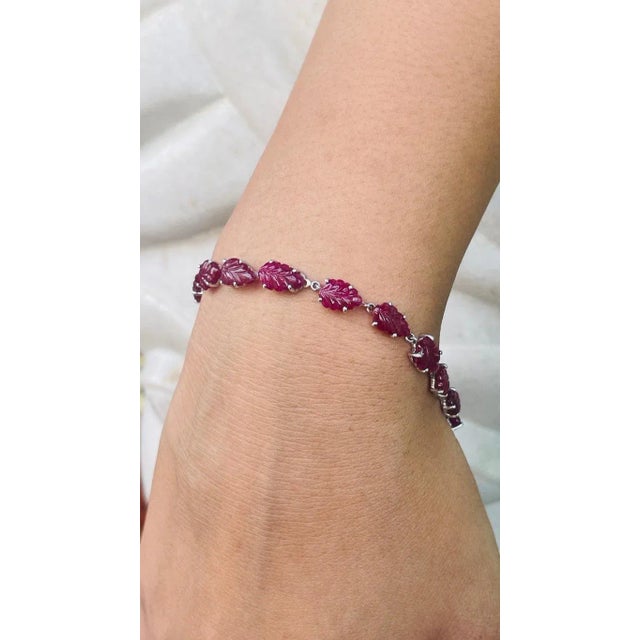 Leaf Carved Ruby and Diamond Bracelet in 18k White Gold, 4.3ct Ruby, USAMade For Sale - Image 11 of 16