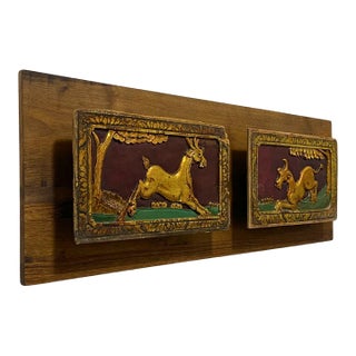 Sculptural Wall Art – Antique Chinese Giltwood Carved Panel, Deer & Ox, Double For Sale