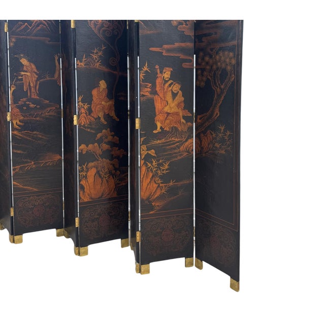 Large Chinese Eight-Panel Black Lacquer Folding Screen With Scholar Landscape, Circa 1925–1940 For Sale - Image 4 of 13