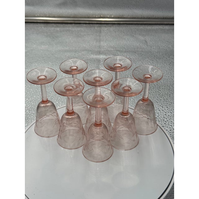 1929-1939 Vintage Mini Cordial Pink Depression Glasses- Set of 8 For Sale - Image 4 of 5
