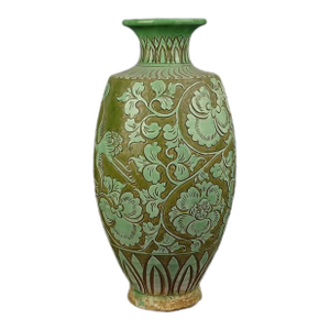 Vintage Chinese Porcelain Song Cizhou Kiln Green Glaze Porcelain Vase Hand Carved Flowers and Crane Pattern | Cizhou Ware Ceramic Bottle