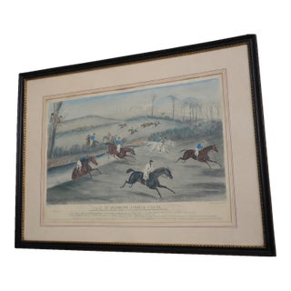 Vintage Hand Painted Horse Racing Engraving in Frame For Sale