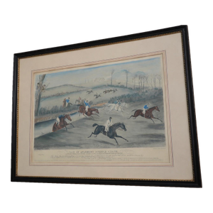 Vintage Hand Painted Horse Racing Engraving in Frame