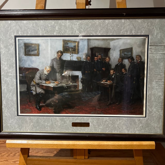 Offset print by American Geographic Siciety of Tom Lovell titled Surrender at Appomattox made in 1986 framed under glass