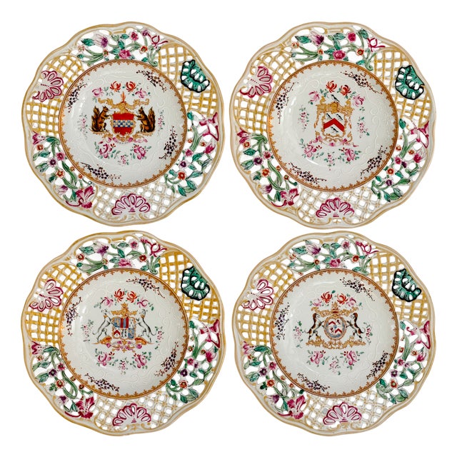 19th C. Edme Samson French Reticulated Armorial Bowls - Set of 4 For Sale