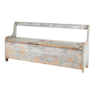Light Blue Paint Pine Settle Bench With Storage, 19th Century For Sale