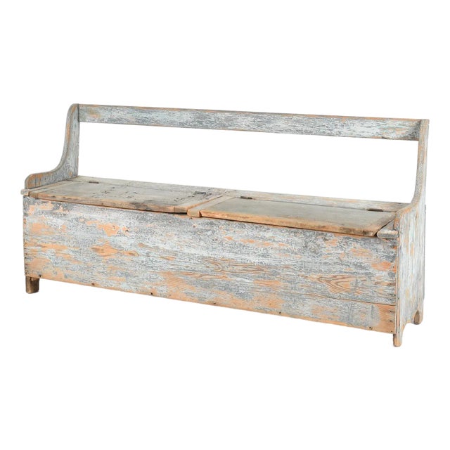 Light Blue Paint Pine Settle Bench With Storage, 19th Century For Sale
