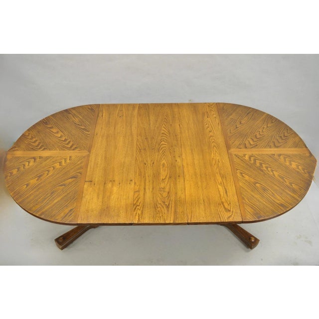 Vintage Mid Century Modern Oak Sunburst Round Extension Pedestal Dining Table For Sale - Image 14 of 18