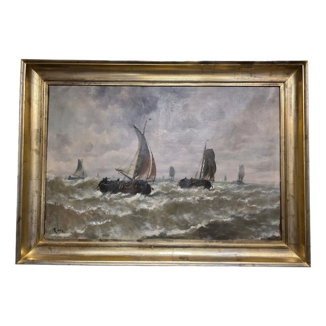 Dutch Artist, Boats at Sea, 1800s, Oil on Canvas For Sale