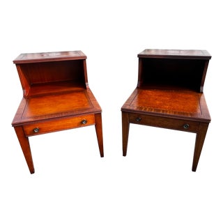 1950s Henredon Heritage Leather Top Tiered Nightstands/Lamp Tables - a Pair For Sale
