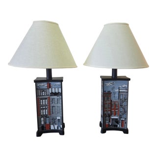 Maurice Heaton Brownstone Enameled Glass Lamps - A Pair For Sale