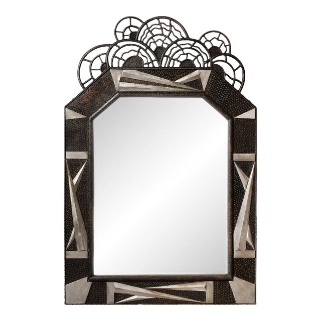 1930s Art Deco Wrought Iron Mirror with Stylized Cubist Detailing & Floral Elements For Sale