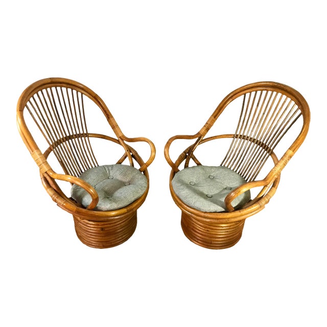 Vintage Paul Frankl Style Bamboo Rattan Swivel Chairs - Set of 2 For Sale