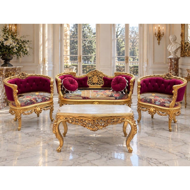 1970 French Artisan Louis XVI Gold Burgundy Sofa Set-3 Pc For Sale - Image 18 of 18