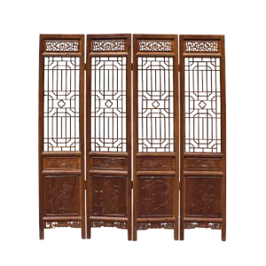 Chinese Brown Geometric Pattern Theme Wood Panel Floor Screen