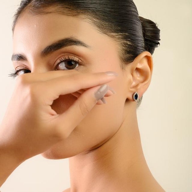 Ink Blue 14k Gold Round Diamond & Marquise Cut Deep Sapphire Stud Earrings- 2 Pieces For Sale - Image 8 of 14