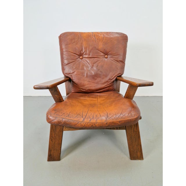 Brutalist Wood Armchair with Brown Leather Upholstery, Germany, 1960s For Sale - Image 14 of 15