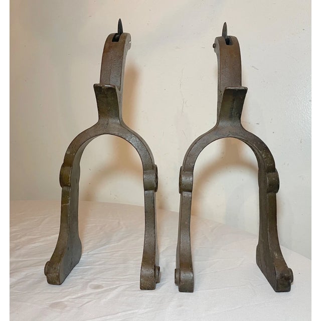 Pair Antique Bronze Patinated Cast Iron Stirrup Spur Western Cowboy Andirons For Sale - Image 12 of 12