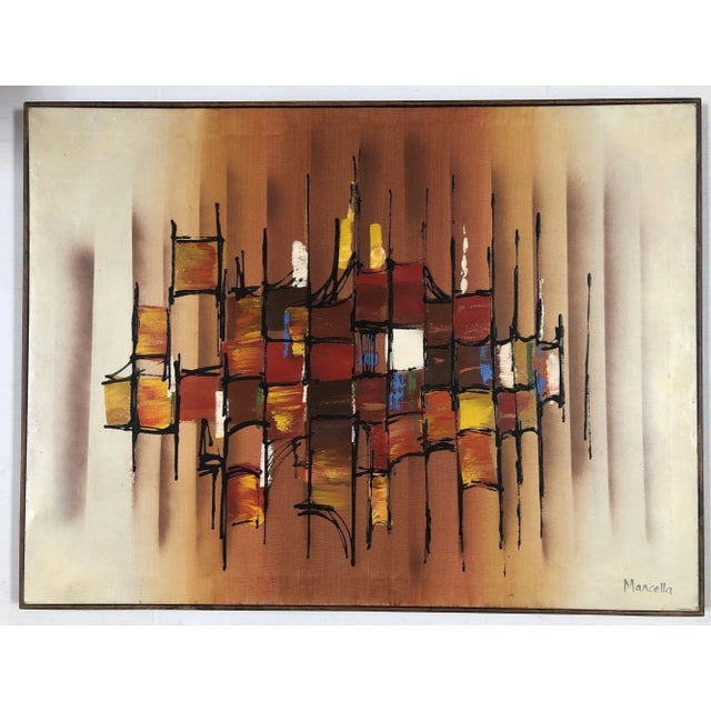 Original signed abstract or Brutalist oil on canvas artwork painting of a late multicolored geometric pattern by Marcella...