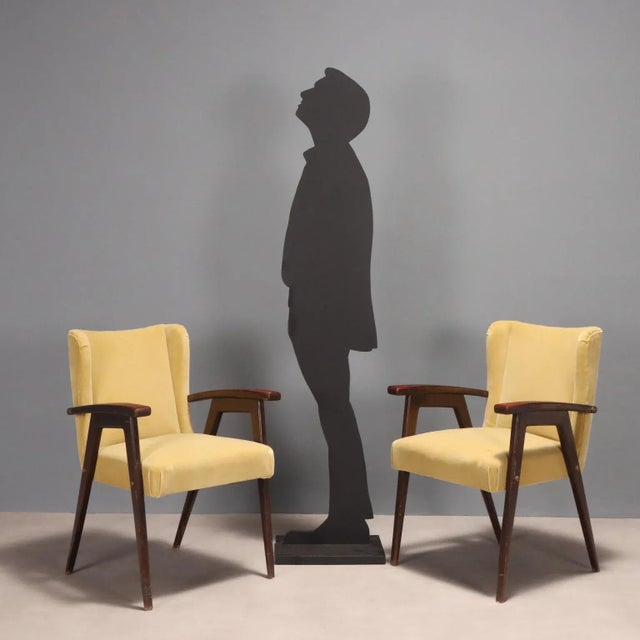 Pair of vintage armchairs with exposed wooden structure, seat and back with foam padding and original period upholstery in...