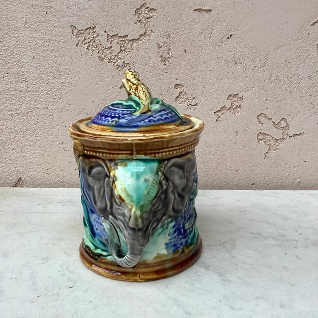 19th Century Majolica Elephant Jar signed Onnaing For Sale - Image 4 of 7