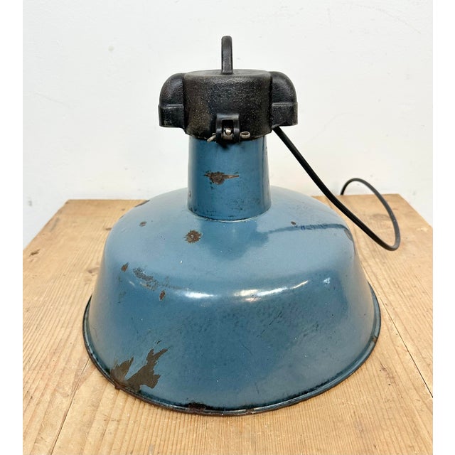 Industrial Blue Enamel Factory Lamp with Cast Iron Top, 1960s For Sale - Image 14 of 16