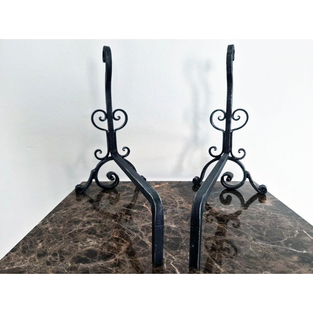 Metal Pair of Handcrafted Italian Wrought Iron Fireplace Andirons For Sale - Image 7 of 8