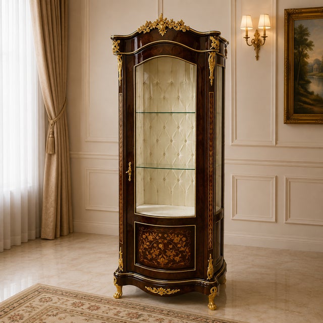 Make a statement with this Grand French Louis XV Style Vitrine Cabinet, featuring an elegant curved silhouette, rich dark...
