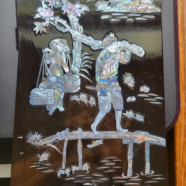 VTG Rare Set of 4 Panels Vietnamese Mother of Pearl Inlay Lacquer Fishing Hunting Plaques Farm Life MCM Sơn Mài For Sale - Image 15 of 18