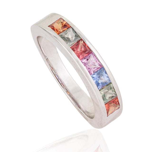 Contemporary Bochic Rainbow 1.31 Ct Multi Sapphire Statement Band Ring in 925 Silver Size 9 For Sale - Image 3 of 13