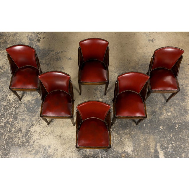 Art Deco 1930s French Art Deco Maple Gondola Dining Chairs W/ Red Faux Leather - Set of 6 For Sale - Image 3 of 18