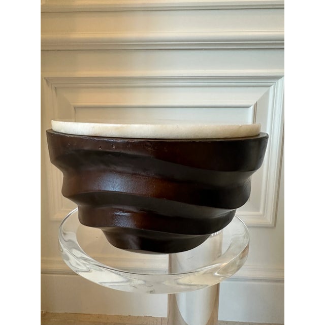 Vintage 1970’s Handcarved Wood Bowl With Cork Lined Marble Top For Sale - Image 13 of 15