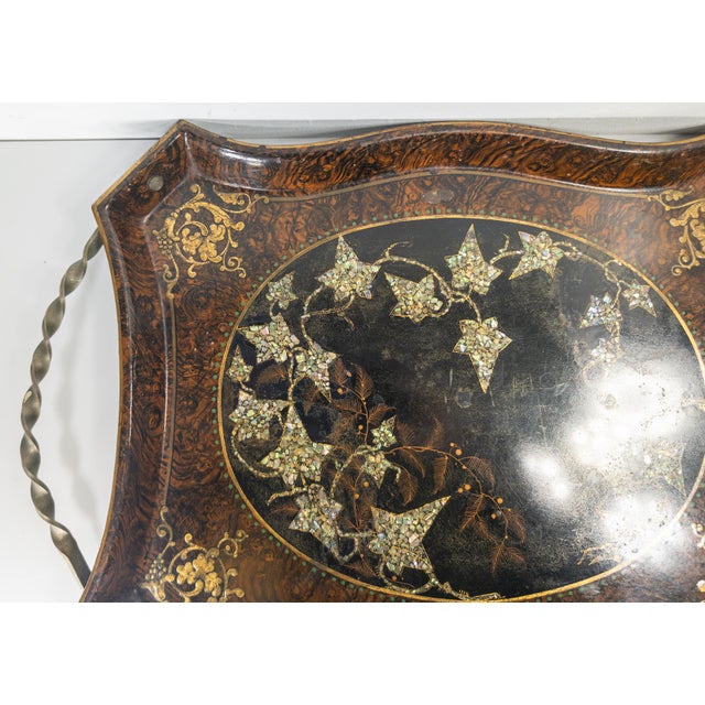 Victorian 19th Century English Victorian Tole Metal Serving Tray With Mother of Pearl and Faux Grain Design For Sale - Image 3 of 18