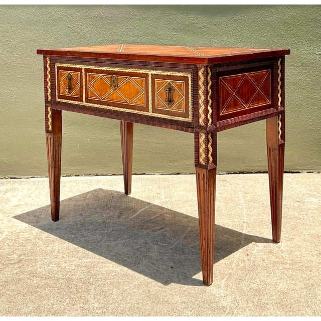 Alfonso Marina Vintage Alphonse Marina Carved Wood Console Table With Bone Inlay For Sale - Image 4 of 14
