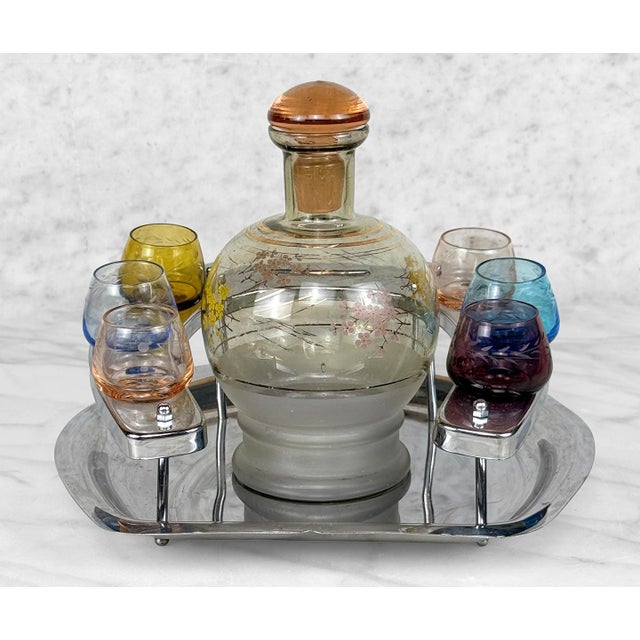 Mid-Century Glass Cherry Blossom Liquor Decanter Serving Set & Etched Shot Glass For Sale - Image 4 of 10