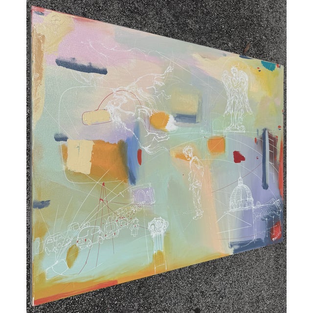 This original mixed-media painting features a pastel-colored wash background overlaid with fine white line drawings of...
