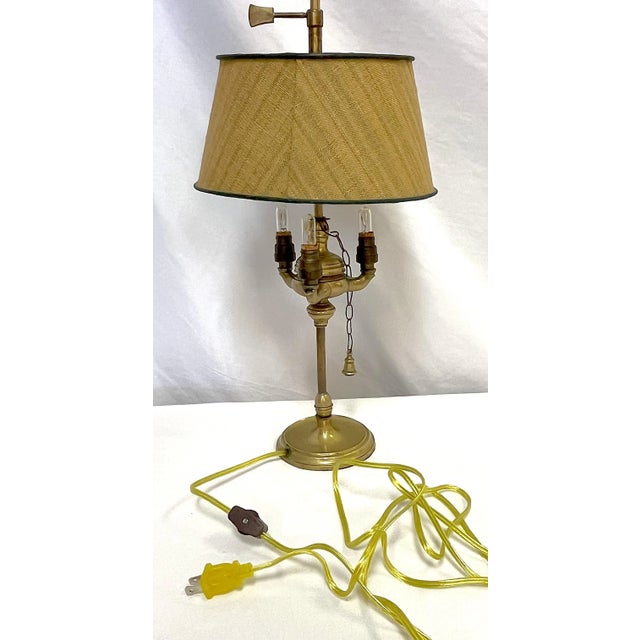 Traditional Antique Brass 3-Candle Lamp Converted to Electric With Adjustable Lampshade For Sale - Image 3 of 12
