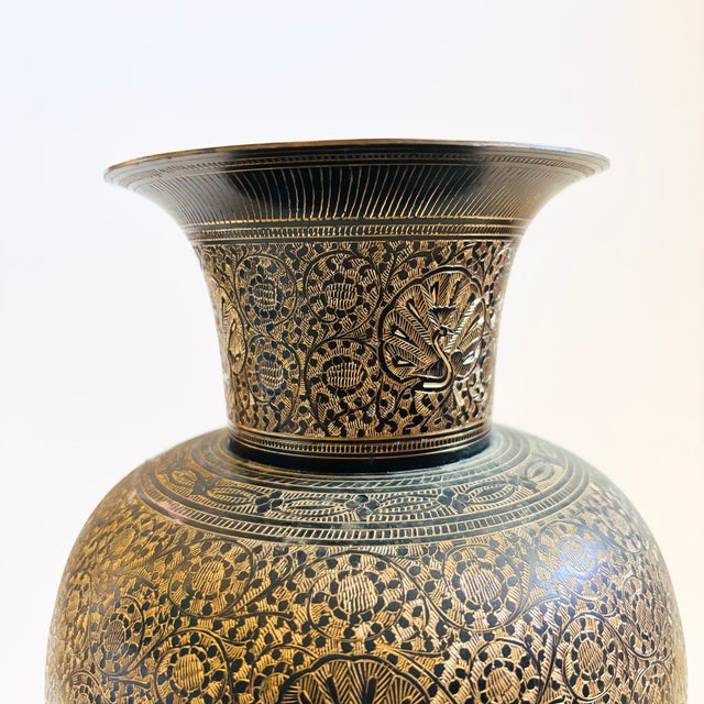 Large 13" Etched Brass Vase With Peacock Design For Sale - Image 4 of 11