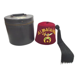 AL Malaikah Vintage Iconic Masonic Shriner Burgundy Wool Fez Hat in Original Box
