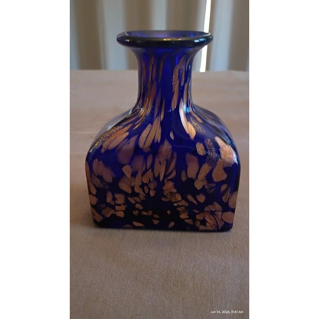 Glass Murano Style Cobalt Blue Glass Vase With Gold Flecks – Mid Century Modern Decorative Accent For Sale - Image 7 of 11