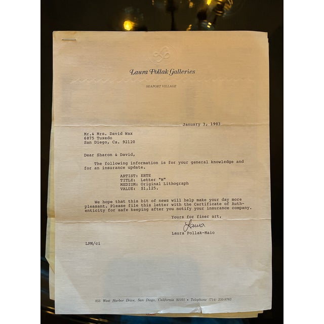 Erté Letter “W” Signed & Numbered Lithograph, 1977 — With Documentation For Sale - Image 12 of 12