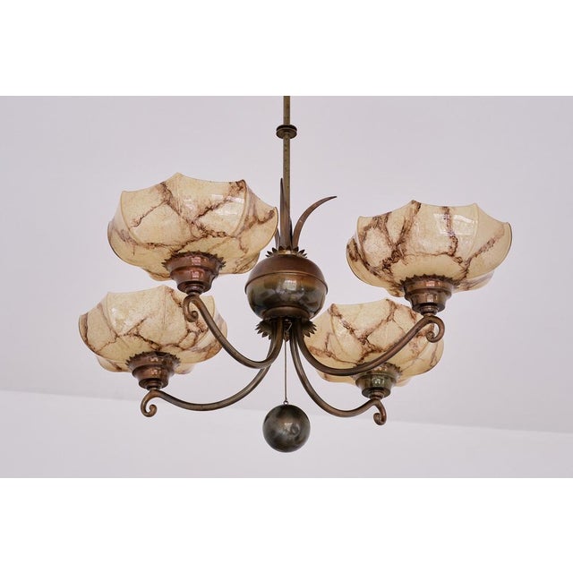 Vintage Swedish Hanging Light in Brass and Marbled Glass, 1927 For Sale - Image 3 of 18