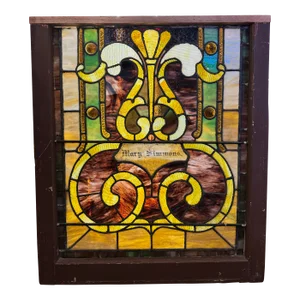 Antique 19th Century Stained Glass Window With Jeweled Detailing